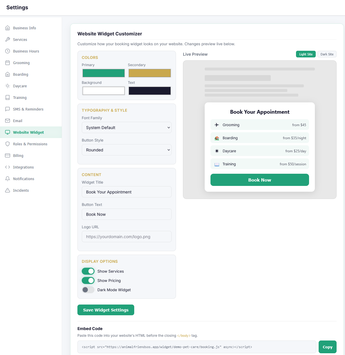 Animal Friends OS Website Widget Customizer — color pickers, typography, content controls, and a live preview of the booking widget